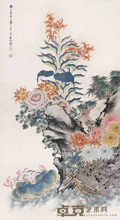 江寒汀 1943年作 庭院秋色图 立轴 149.5×81.5cm